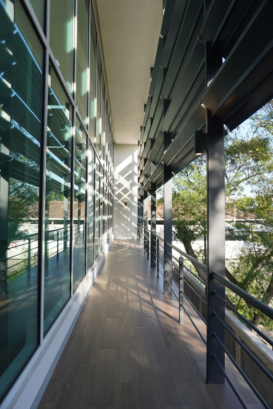 Pasillo acristalado de oficinas en Monterrey, con luz atravesando el cristal y las líneas del perfil de aluminio sobre el piso